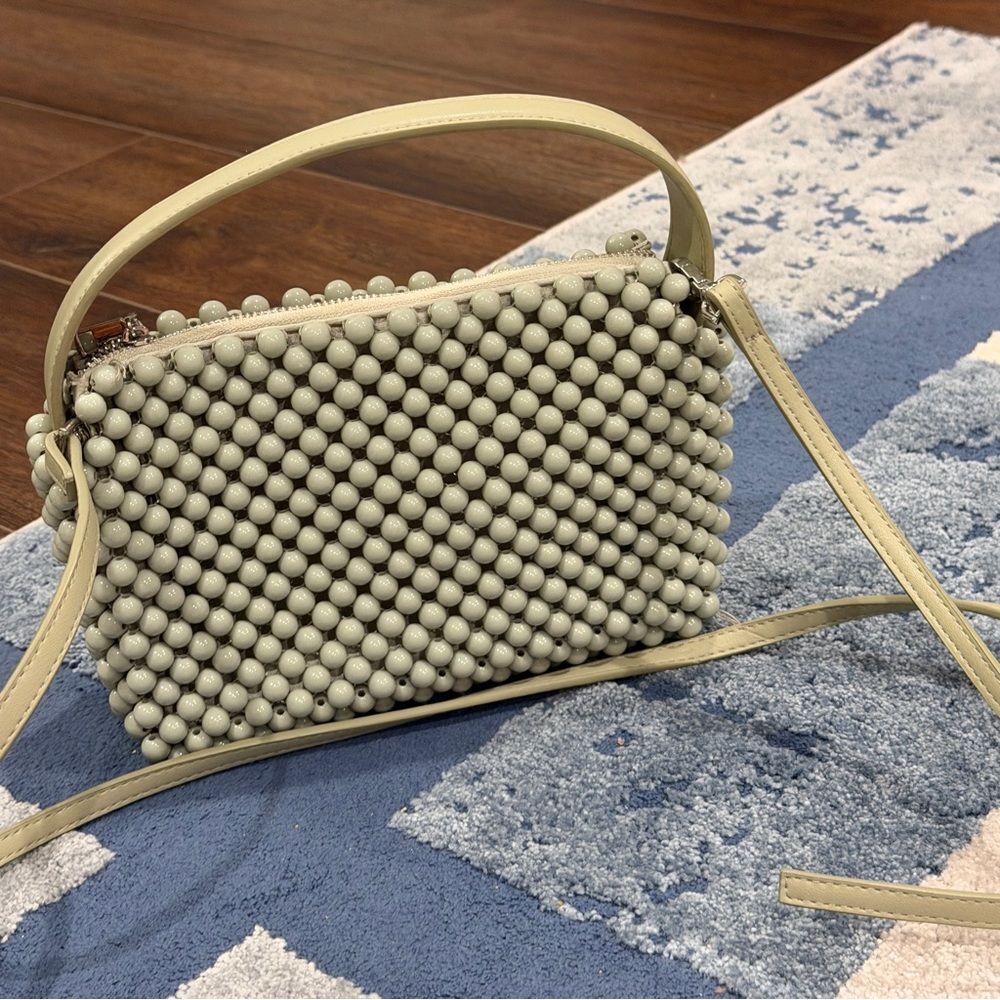 ZARA Beaded Crossbody Bag Sage Green Pearl Bead Shoulder Purse Top Handle